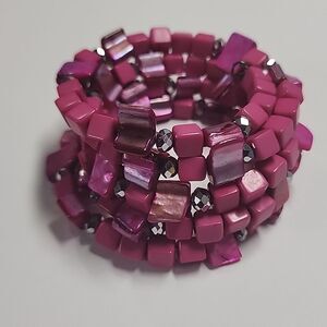 Memory Wire Magenta Pink Coil Beaded Bracelet Womens Jewelry Silver Spacer Bead